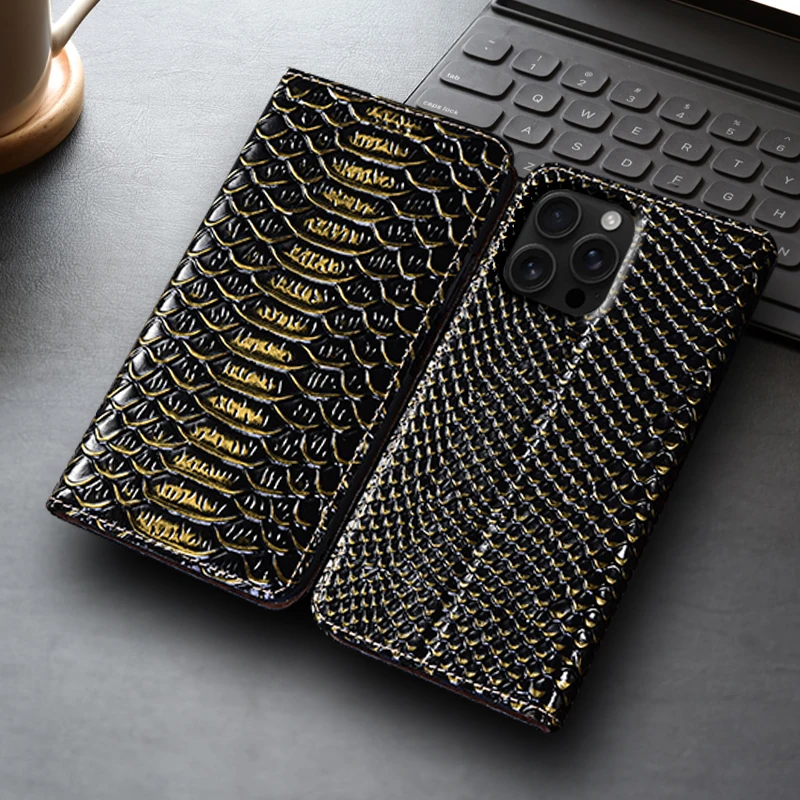 Genuine Leather Flip Case For Apple iPhone 11 12 13 14 15 16 16e 17 Pro Plus Max Mini Phone Cover Card Cases Dragon Scale