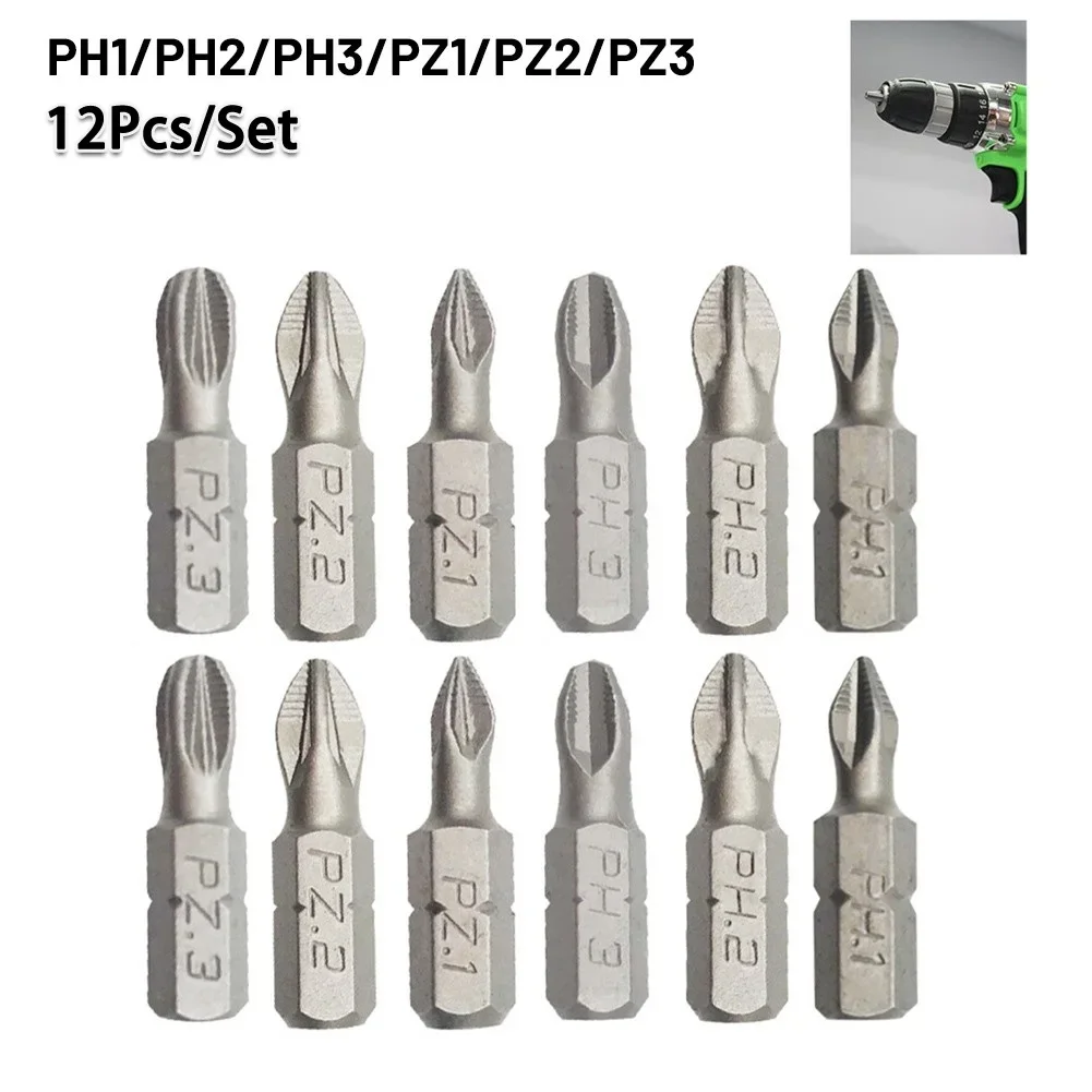 12PCS/Lot 25mm Cross Bits Set Hex Shanked Anti-Slip Screwdriver Bit Magnetic Non-Slip Drill Batch Head PH1/PH2/PH3/PZ1/PZ2/PZ3