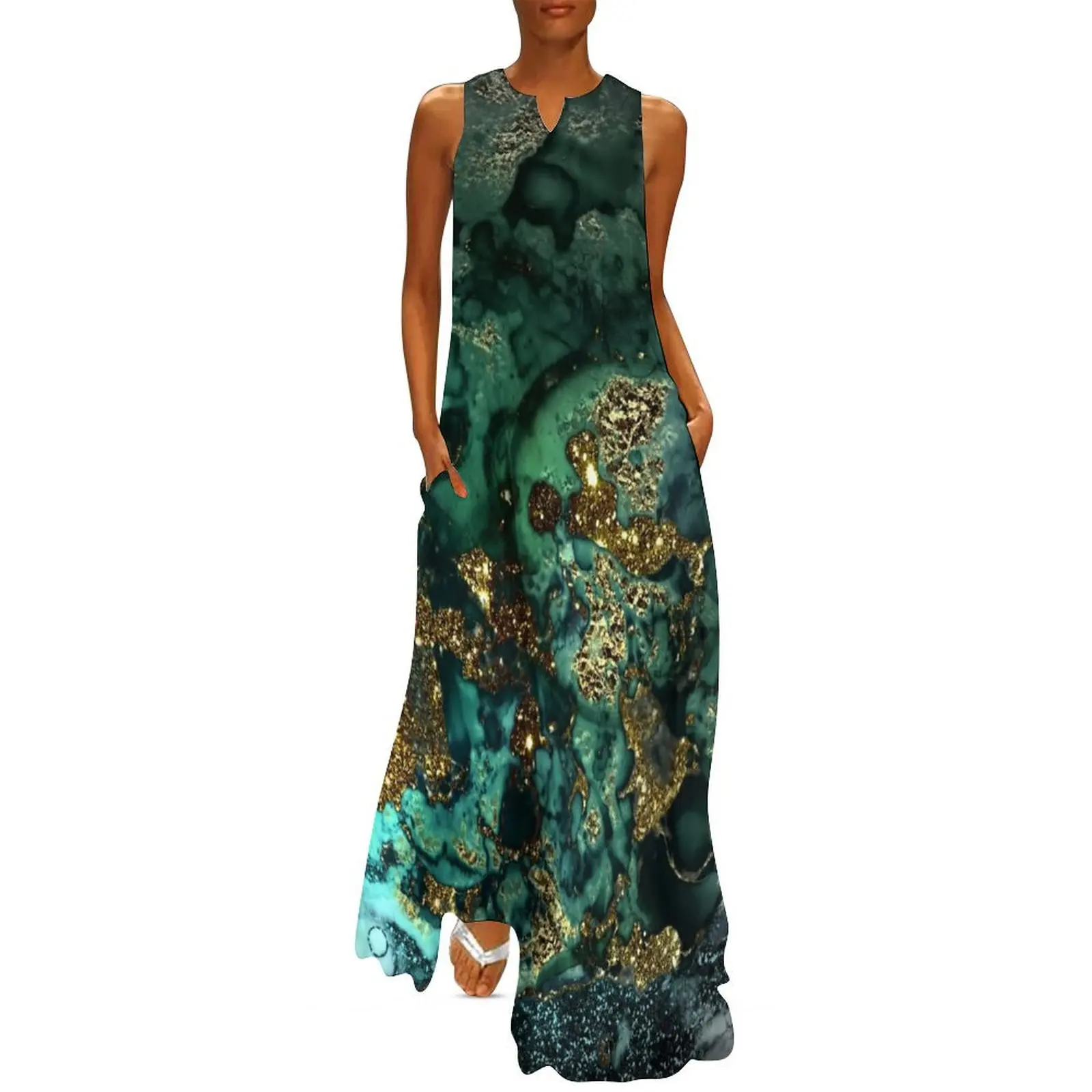 

Gold Indigo Faux Malachite Marble Long Dress Aesthetic clothing Woman fashion Dress