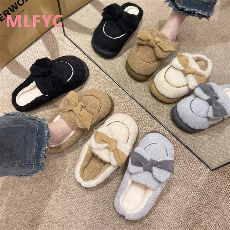 2023 Cotton Slippers female Winter Thick Sole External Wear Cotton Shoes Indoor Cute Bow Cotton Slippers mujer Casual Slippers