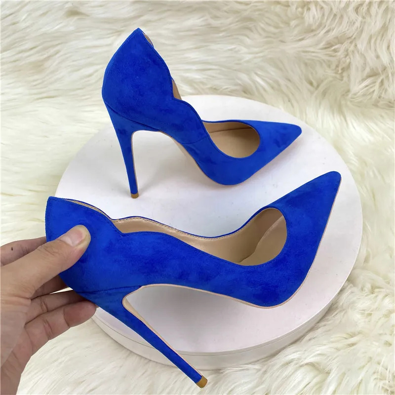 Heelgoo Royal Blue Synthetic Suede Women Side Curl Cut Pointy Toe High Heel Shoes Elegant Flock Stiletto Pumps Plus Size 33-46