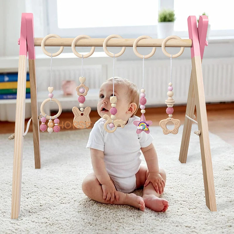 5 Pcs De Madeira Jogar Gym Toy Set para Crianças Rosa Pendurado Pingente Recém-nascido Sensorial Choque Montessori Brinquedo Baby Shower Enfermagem Presentes