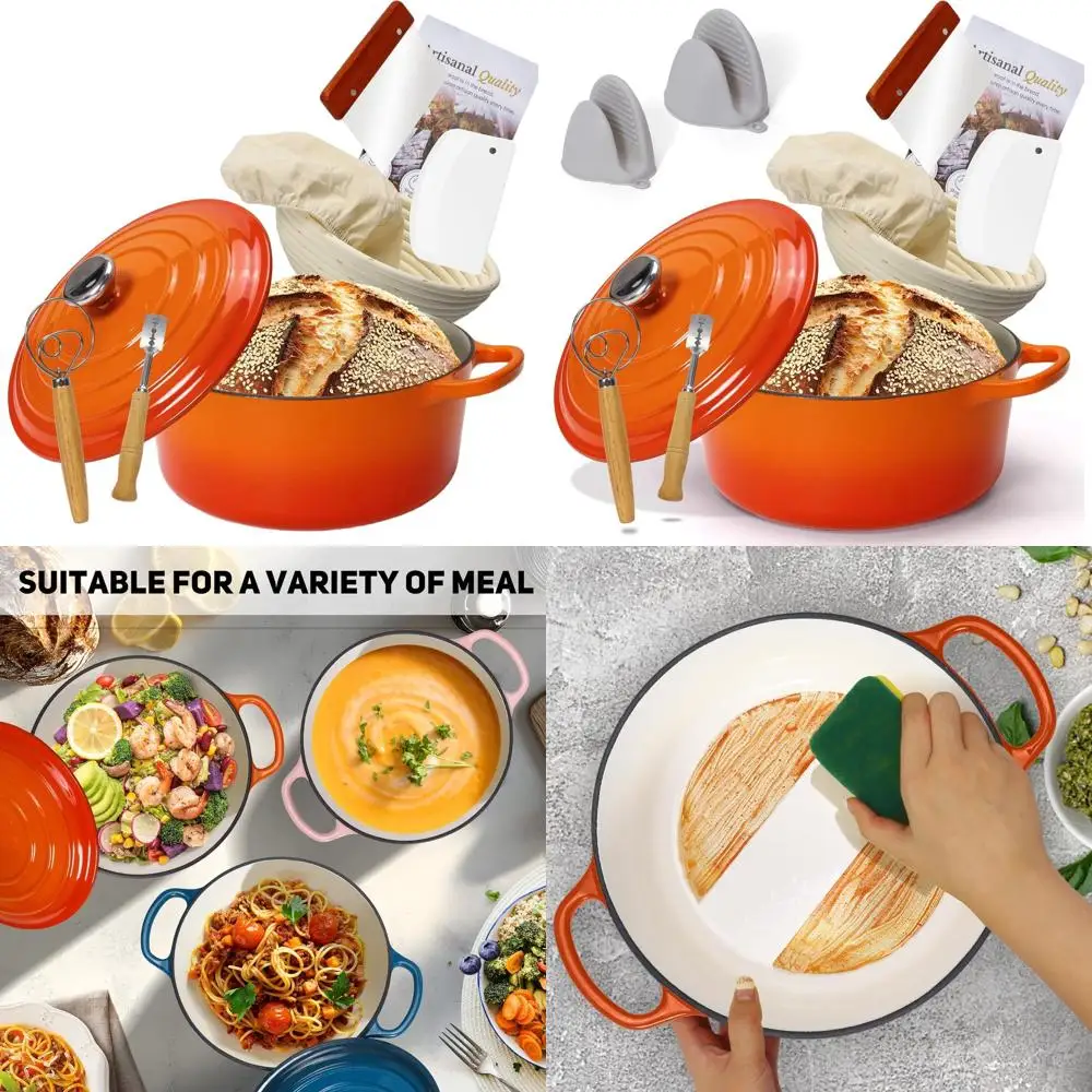 

Оранжевая чугунная эмалированная печь для выпечки хлеба объемом 5 кварт с корзиной для расстойки для выпечки, жарки и тушения