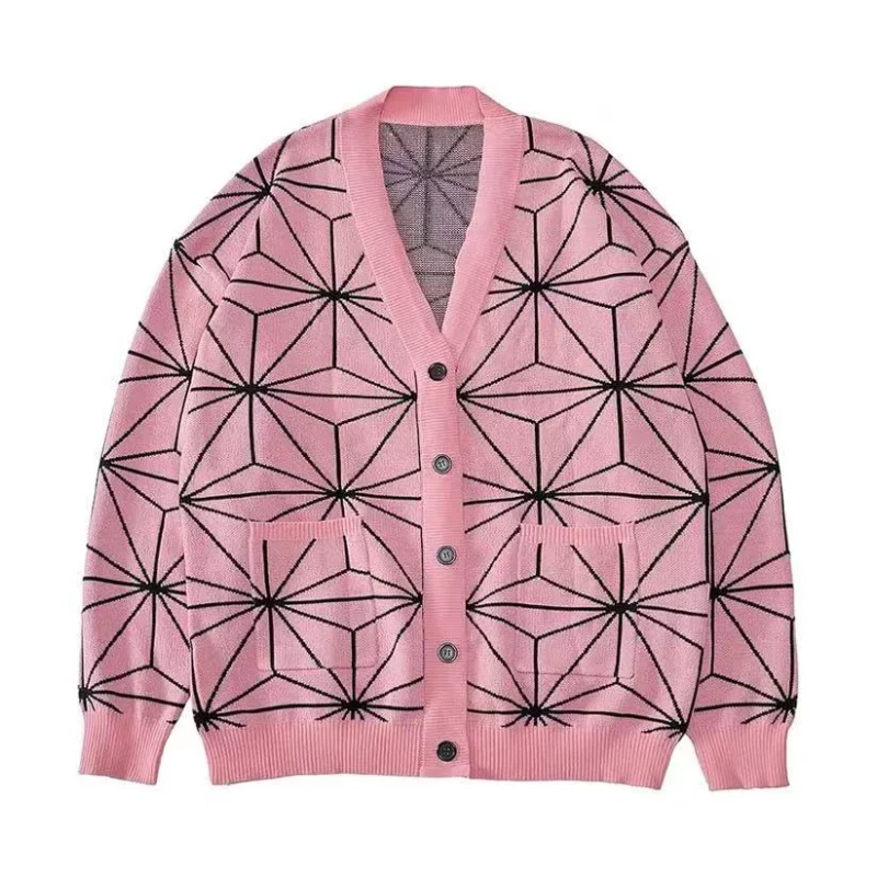 Demon Slayer аниме Камадо Танджиро косплей костюм унисекс вязаный свитер теплый кардиган свитер с v-образным вырезом куртка костюм на Хэллоуин