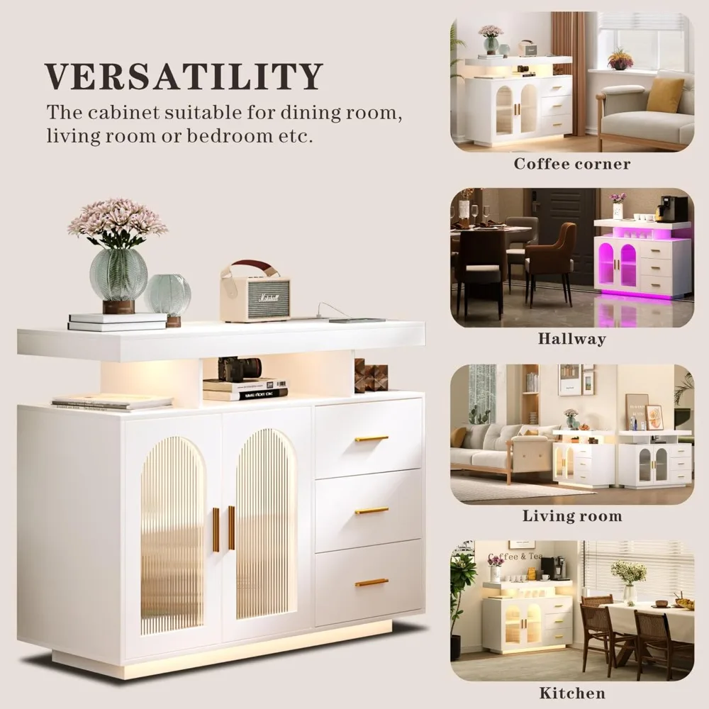 Sideboard Buffet Cabinet with Charging Station, Coffee Bar Table with RGB LED Light, Auto-Sensor Design,with Storage Bar Cabinet