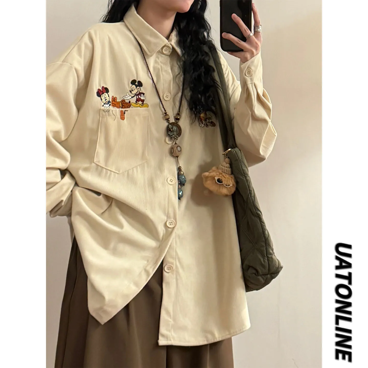 

UATONLINE2026 Spring American Retro Cartoon Embroidery Corduroy Long Sleeve Shirt Women Loose Top Trendy Street Style Co...