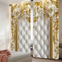 2Pcs Golden Flower Curtain Elegant European Style Suitable For Living Room Dining Room Kitchen Bedroom Bathroom Study Room