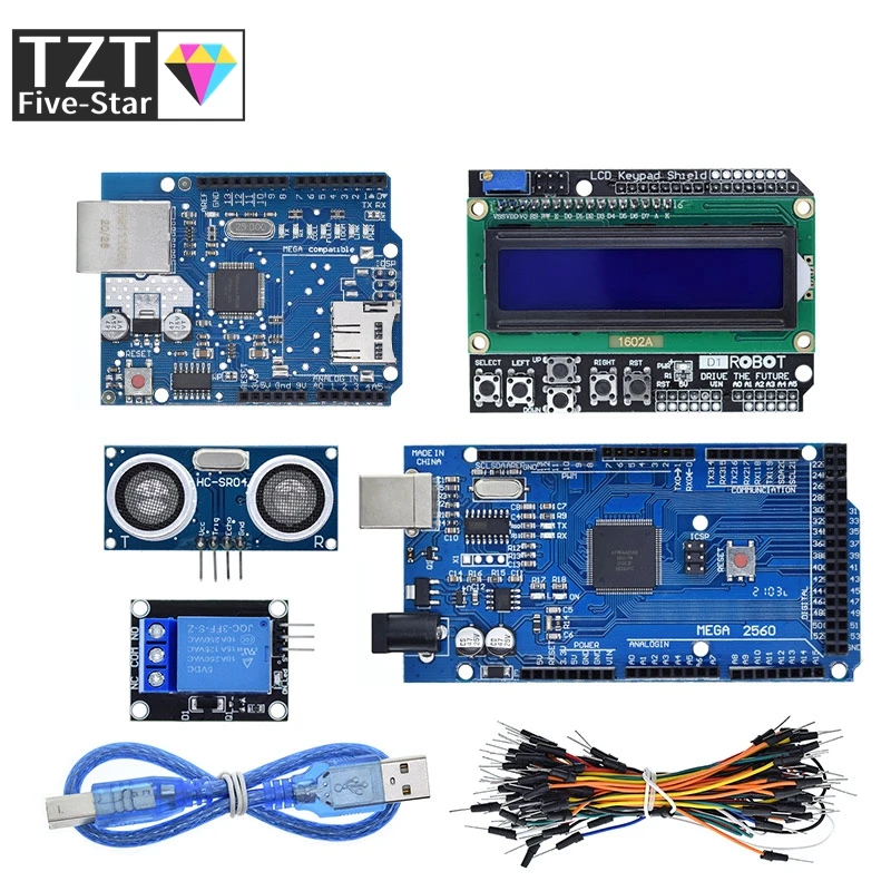 Mega 2560 r3 for arduino kit + HC-SR04 +breadboard cable + relay module+ W5100 UNO shield + LCD 1602 Keypad shield