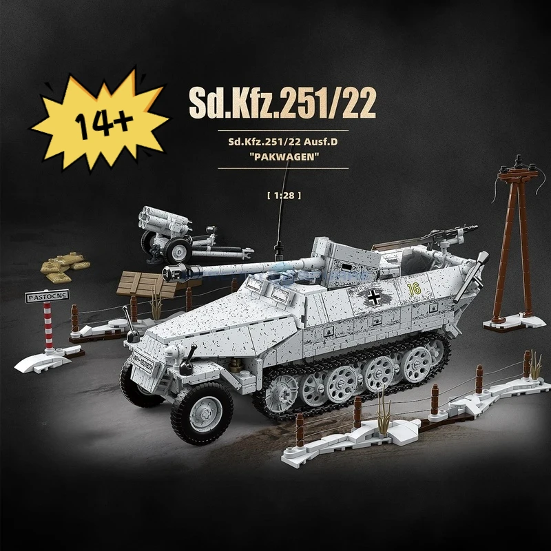 

Военный бронеавтомобиль, строительные блоки MOC 100320, Sd.Kfz.251/22 Ausf.D, стильная модель, набор кирпичей, гусеничный автомобиль, игрушка в подарок для детей