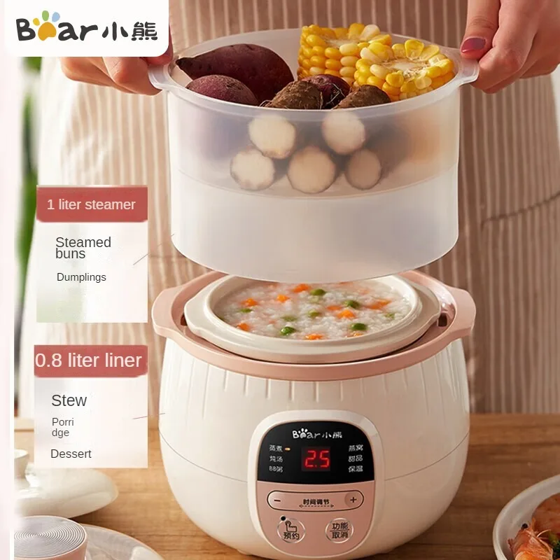 

Mini Electric Stewpot with 0.8L Inner Pot Ideal for 1-2 Persons Top Steaming and Bottom Stewing Multi-functional Cooker 220V