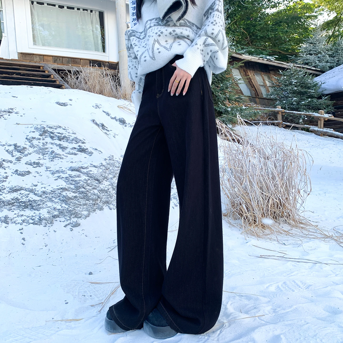 Damskie spodnie Y2K z wysokim stanem, szerokimi nogawkami, ocieplane polarem, wygodne, codzienne spodnie typu drag dla jesienno-zimowej odzieży ulicznej.