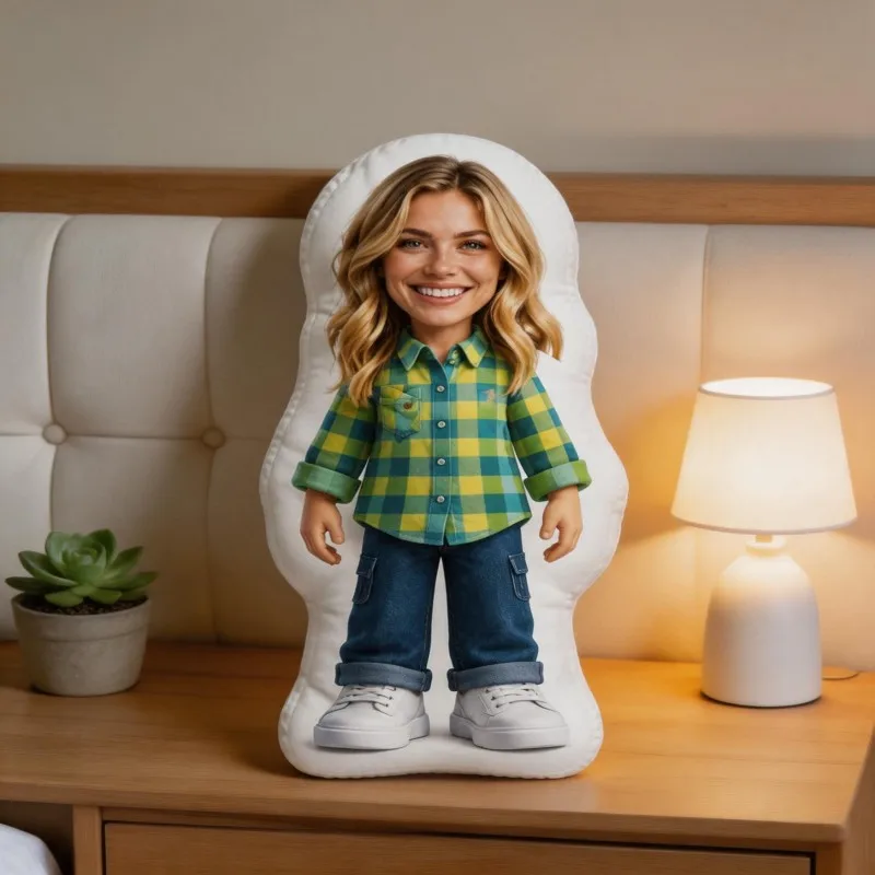 Custom Personalized Photo Face Pillow, Smiling Woman in Plaid Shirt Custom Shaped Decorative Cushion, 70CM Home Decor Accent for
