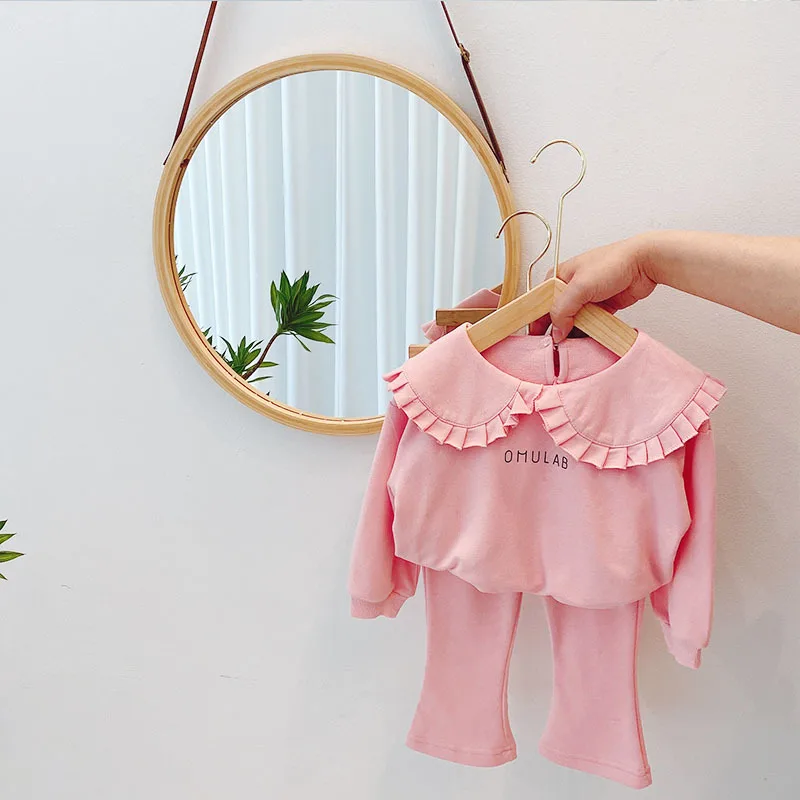 

Girls' Lapel Letter Sweater Suit Baby Loose Autumn Clothing Western Style Children Bell-Bottom Pants Sports Two-Piece Suit Fashi