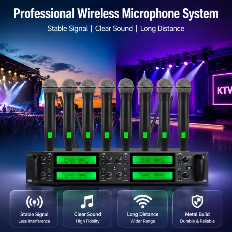 NXG GX988  Professional 8-Way Wireless Microphone Receiver Set, Dual Signal Antennas for Steady Signal, Low Noise Professional Stage Audio Equipment, Multi-Scene Compatible for Bar, Church, Group Singing & Large Scale Party.