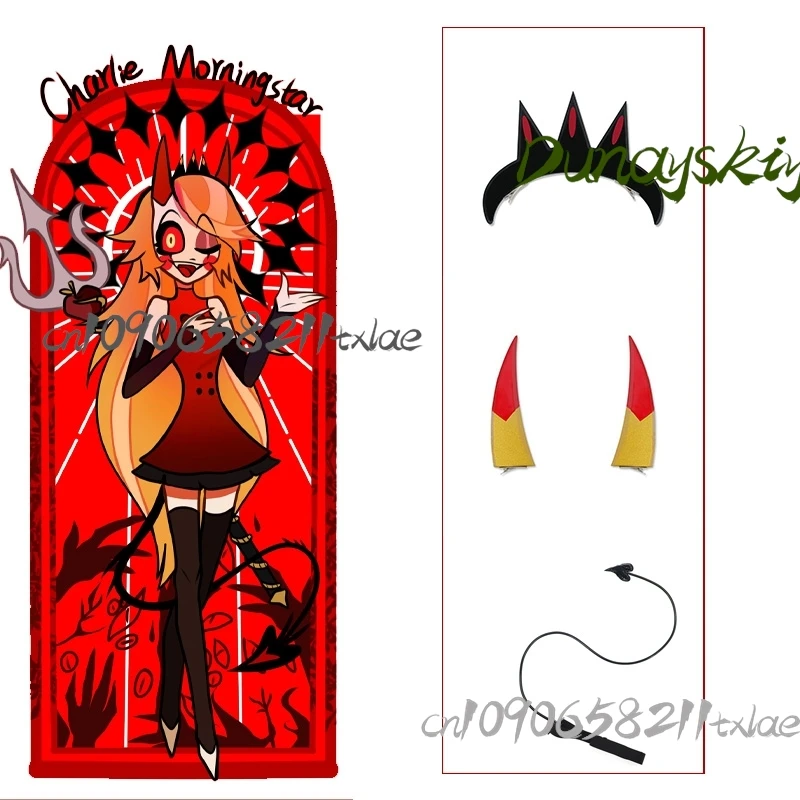 Accesorios de Cosplay de Charlie, diadema de cuerno 3D de demonio Habzin, cola negra de Pu en forma de corazón, Sexy Lolita Jirai Kei, Halloween y Navidad