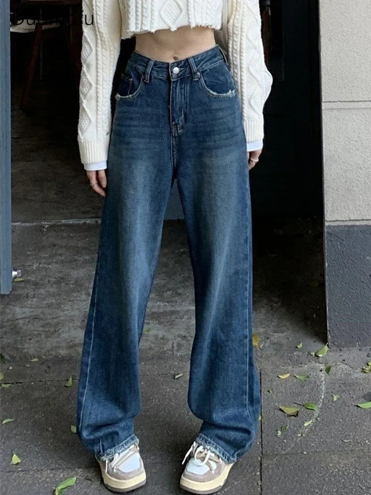 

Duomofu Blue Vintage Chicly High Waist Slim Women Jeans Spring Fashion Full Length Simple Washed Distressed Street Female Jeans