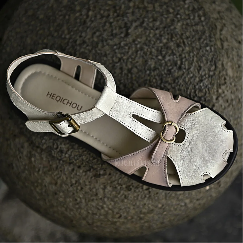 Women White Pink Genuine Leather TStrap Sandals Cutout Closed Toe Dual Metal Buckle Slingback Flat Summer Shoes
