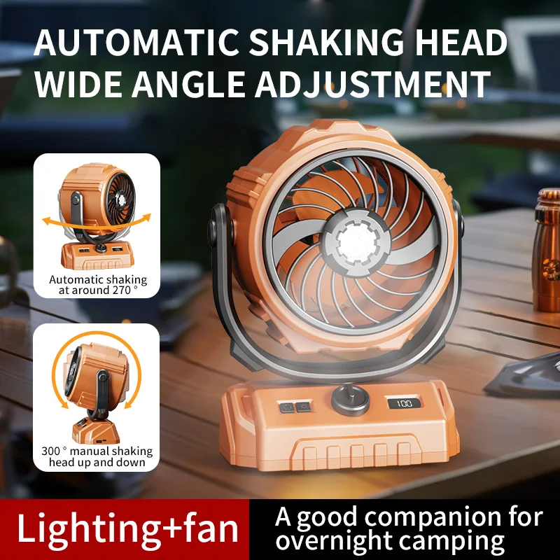 20000mAh 270° automatic shaking head Camping Fan Rechargeable Battery Portable with Hook and LED Light Wireless Tent Ceiling Fan