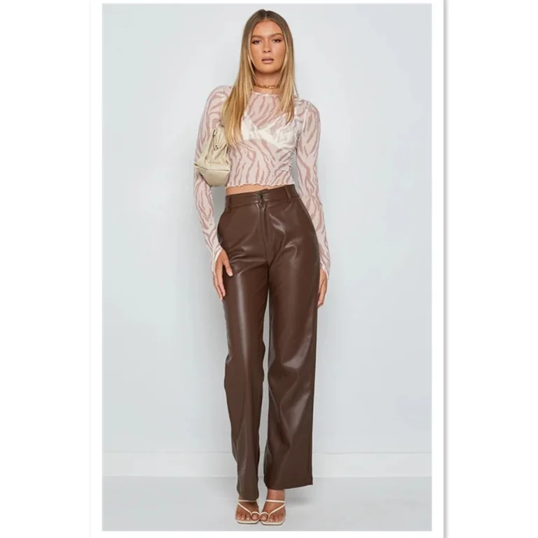 Street Sle High Waist Straight PU Leather Pants Women's  Color Long Trousers Casual Faion Fall Season Regular Thin