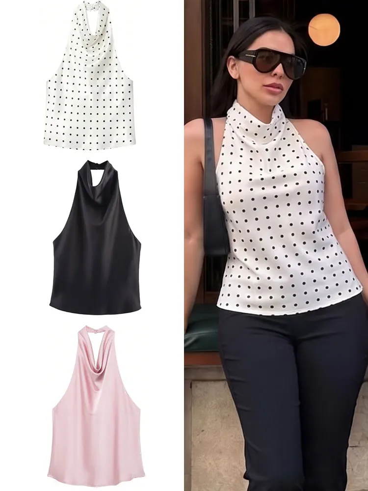 HH Vintage Womens Polka Dot Summer Sleeveless Backless Sexy Halter Tank Top Fashion Party Elegant Beach Vacation Slim Tops