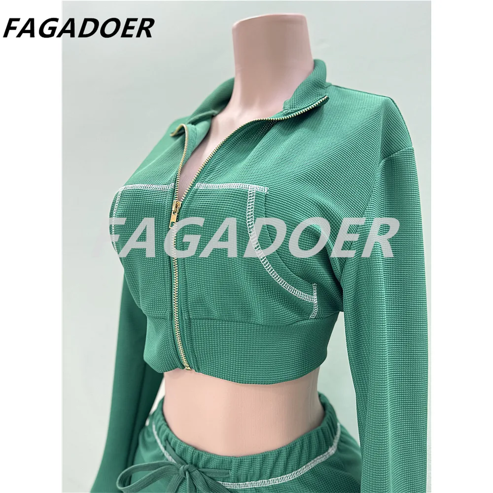 Новый осенний комплект из 2 предметов FAGADOER INS, наряд с Вафельной молнией, лоскутный свитер, куртка и брюки, костюмы, модная спортивная уличная
