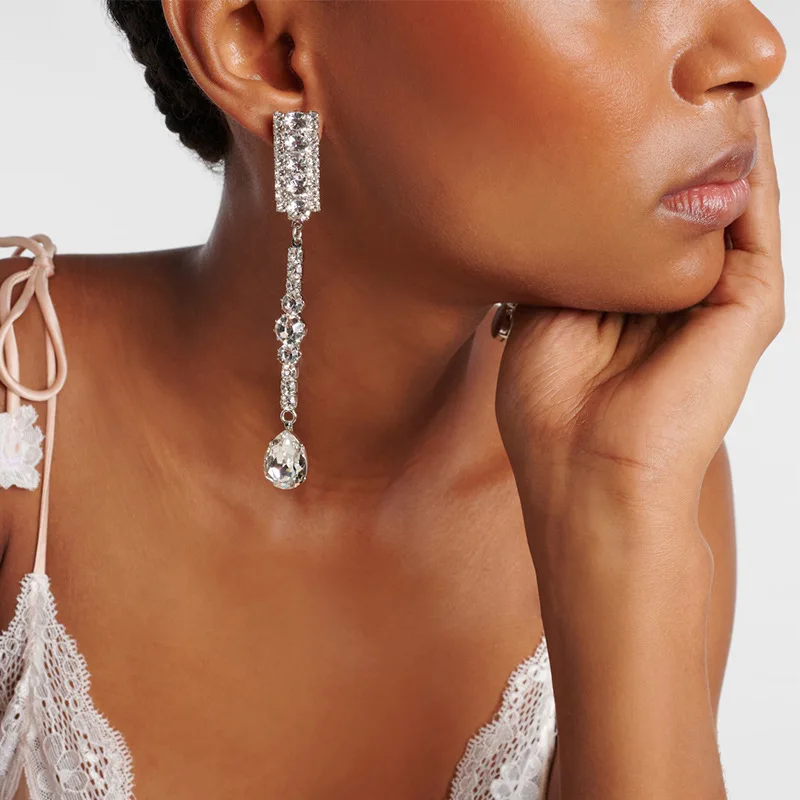 Luxury Geometric Rectangular Crystals Long Drop Earrings Pear Shape Tassel Pendulum Bridal Wedding Evening Party Jewelry