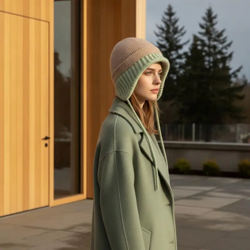 Y2K Herbst-Winter Warme Wollmütze für Damen, Modische Vintage Farbblock-Strickmütze mit Ohrenschutz, Vielseitige Faltbare Kappe – Detail 2