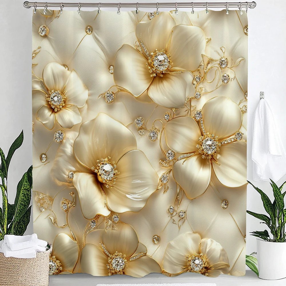 Golden Shallow Relief Floral Print Shower Curtain Partition Privacy Hanging Curtain with Hooks Multiple Size Machine Washable