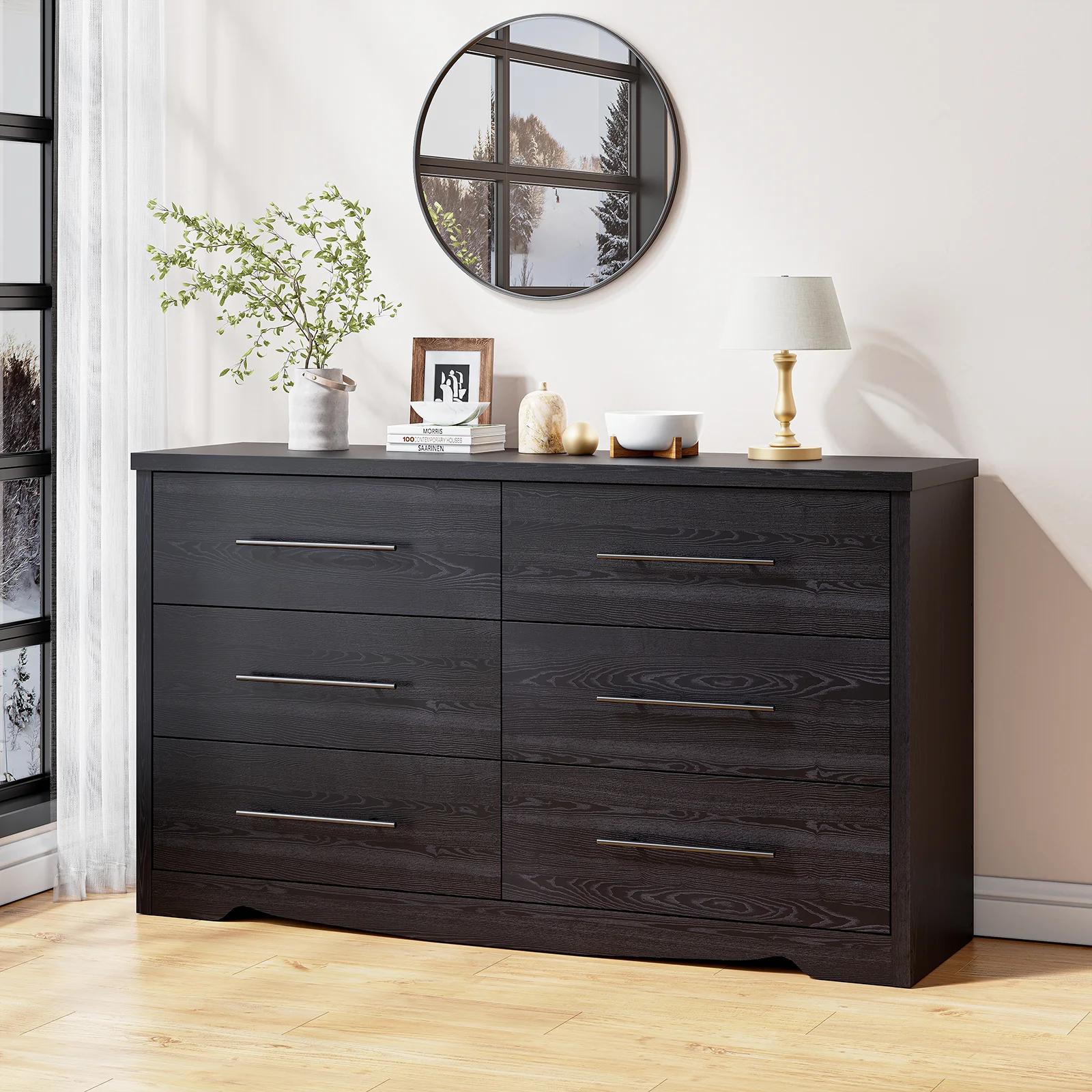 6 Drawer Dresser for Bedroom, Wood Black/White Dressers & Chest of Drawers, Modern Bedroom Dresser for Living Room, Hallway