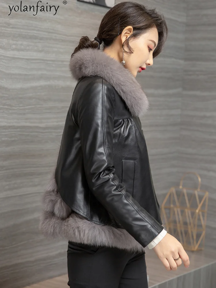 แจ็คเก็ตรองเท้าหนังแท้สตรีเสื้อแจ็คเก็ตสั้น Sheepskin หญิงจริง Fox ฤดูหนาวขนสัตว์2023 Mujer Chaqueta