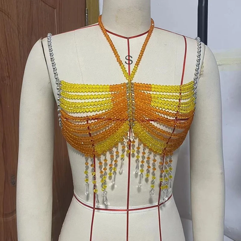 Damen-Camisole mit handgefertigten Perlen und Kristallen, Körperkette, BH, sexy Strass-Neckholder-Crop-Top für Nachtclub, Party, Festival, T-Shirt für Damen – Detail 4