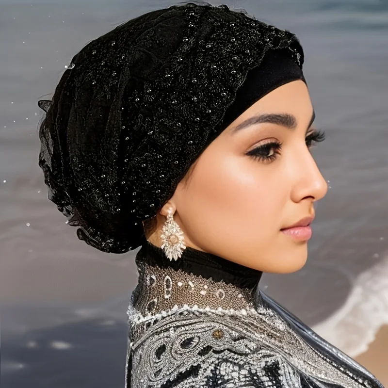 New gauze turban hat hijab women\'s fashionable baotou full beaded hat pile hat hot selling simple decorative hat Indian hat