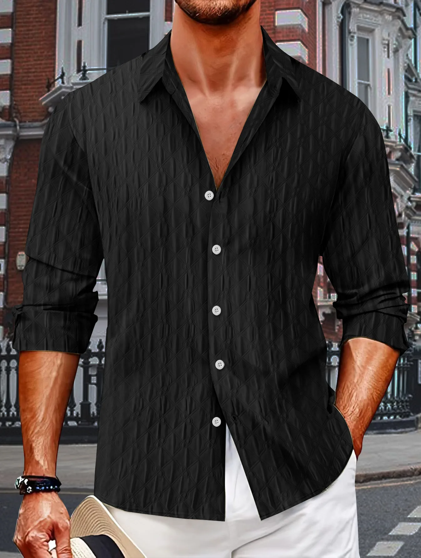 Spring and AutumnNew Fashion Men's Plaid Single-breasted Shirt Men's Jacquard Lapel Long-sleeved Shirt Daily Casual Top