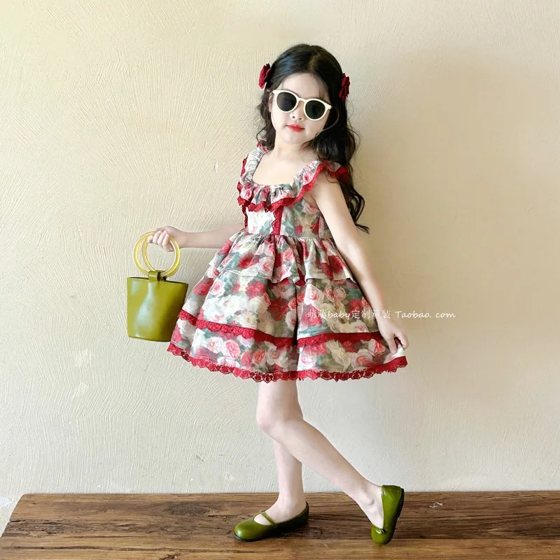Girls Sweet Wind Floral Boutique Wedding Dress New Little Girl Lotus Leaf Collar Cake Dress Retro Princess Birthday Party Dress