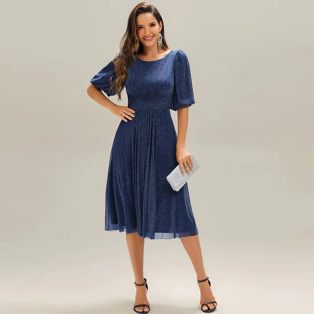 BAZIIINGAAA Vestido de fiesta de media manga con fruncido, corte A, largo midi, para invitadas de boda, vestidos de noche