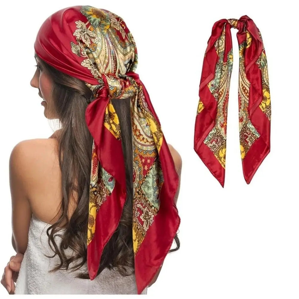 Neckerchief Elegant Head Silk Scarf Printed Large Size Satin Bandana 90cmx90cm All-match Square Hijab Hair Accessories