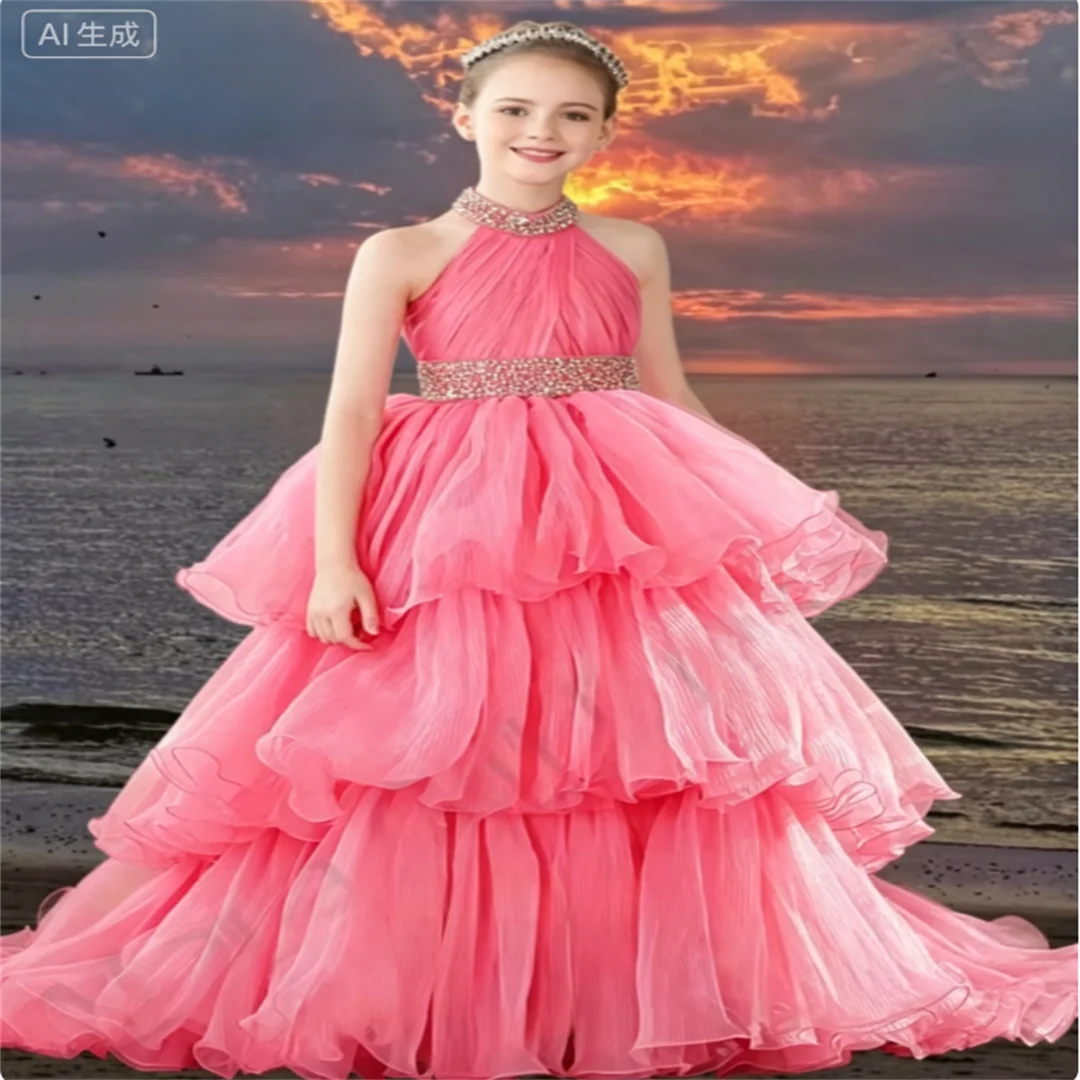 Customized Pink Flower Girl Dresses Tulle Floral Appliques With Bow For Wedding Birthday Party Prom Banquet Ball Princess Gown