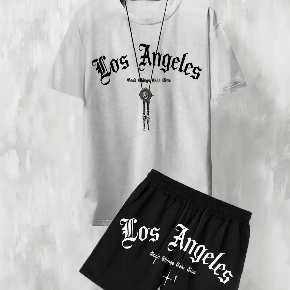 

New Men's Casual Los Angeles Letter Printed Comfortable Breathable T-shirt Shorts Set Outdoor Comfortable Two Piece Set
