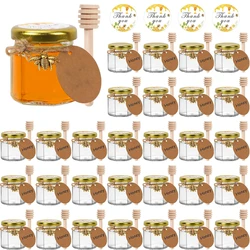 Mini Glass Honey Jar, Small Honey Container with Wooden Dipper, Bee Pendants, Stickers, Dishwasher Safe, Canning Jars