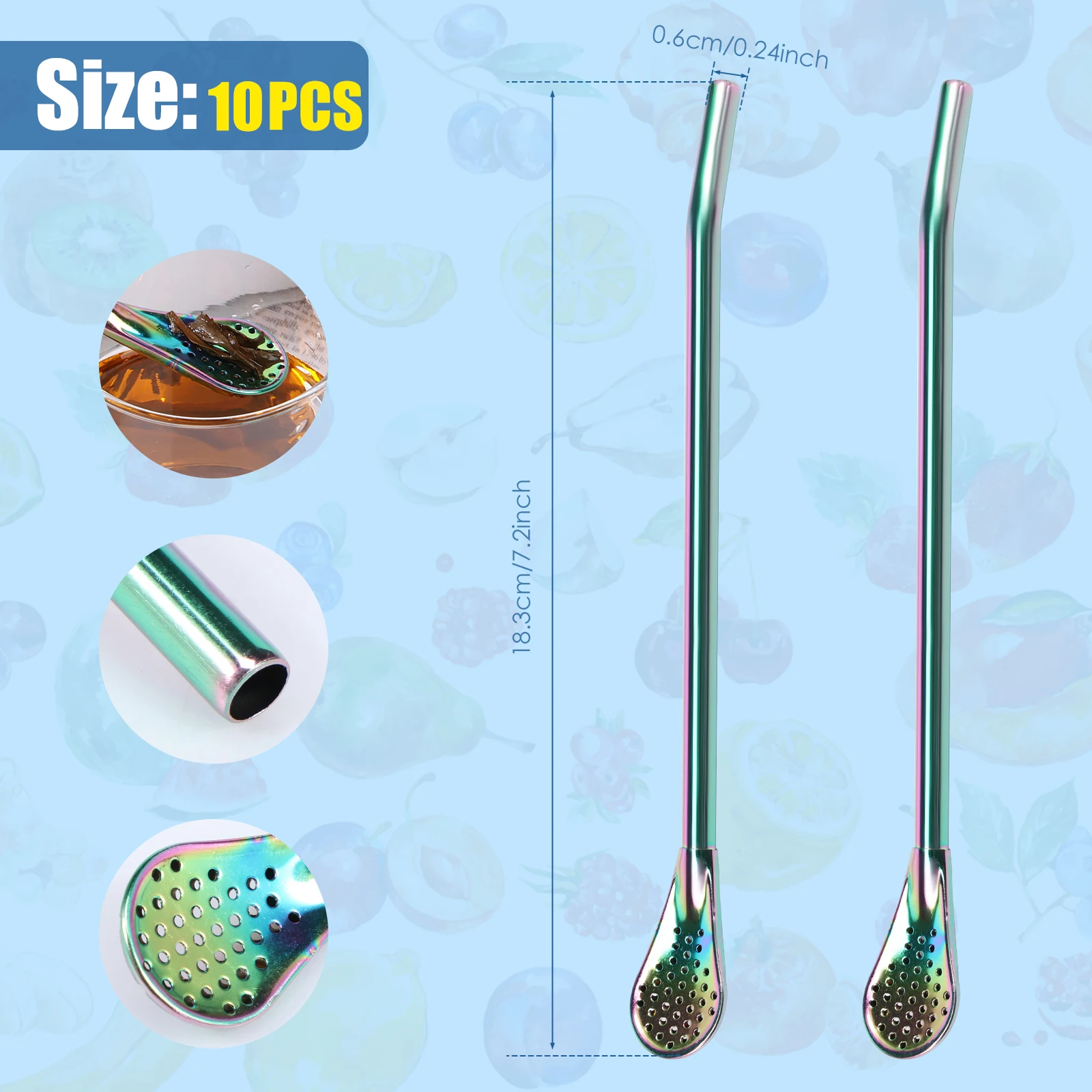 10Pcs Straws Spoon Stainless Steel Straw Spoon 7.2 Inch Yerba Mate Tea Drinking Straws Multifunctional Filtered Spoons Drinking