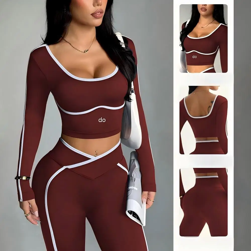 Color blocking sports suit women's U-neck beautiful back long sleeved yoga suit high waist and hip lifting fitness two-piece set