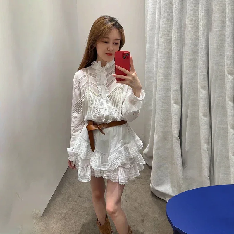 Women Fashion Lace Fungus Stand Collar Long Sleeve Shirt/Ruffled Pants Skirt 2024 Early Autumn