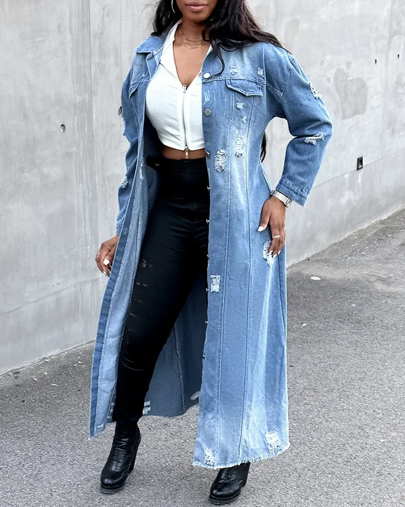 Ripped Raw Hem Long Denim Coat Women Denim Coats Turn Down Collar Jackets Single Breasted Hole Jeans Coat Casual Autumn