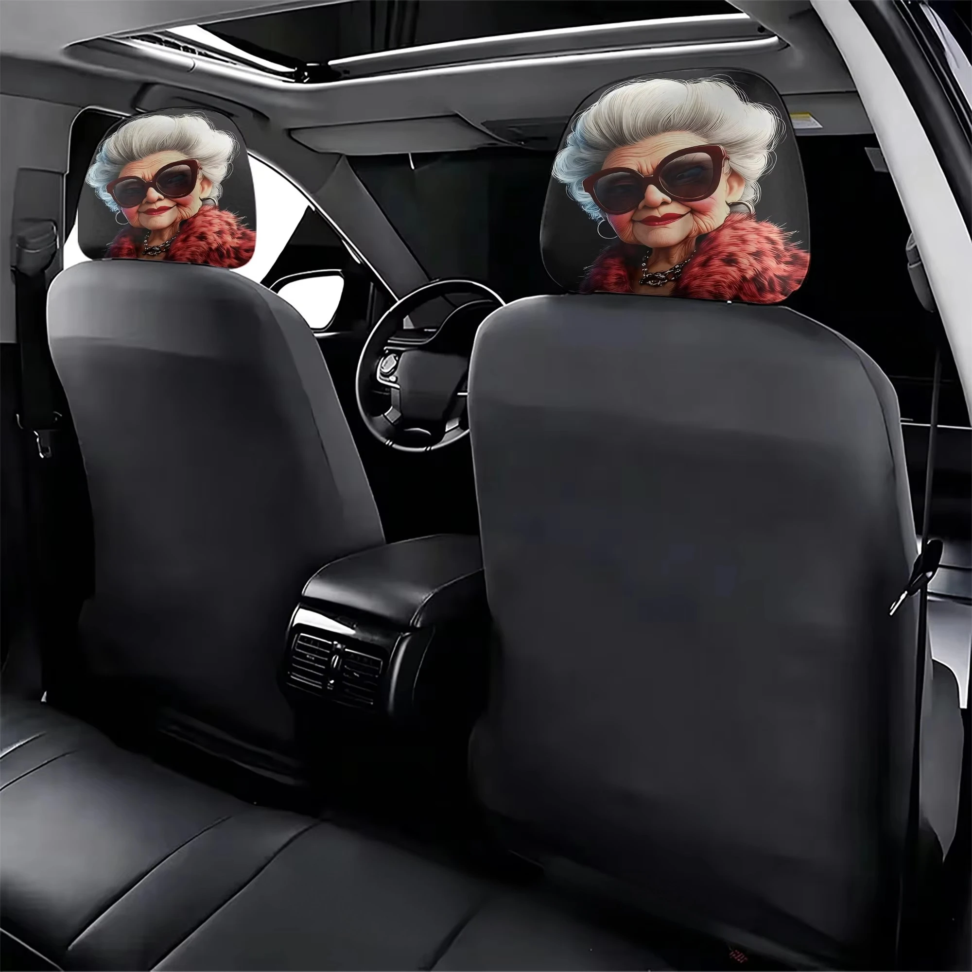 Stylish Old Lady Headrest Covers 2pcs, Wear-Resistant & Breathable, Protects Original Car Seat Headrests Covers