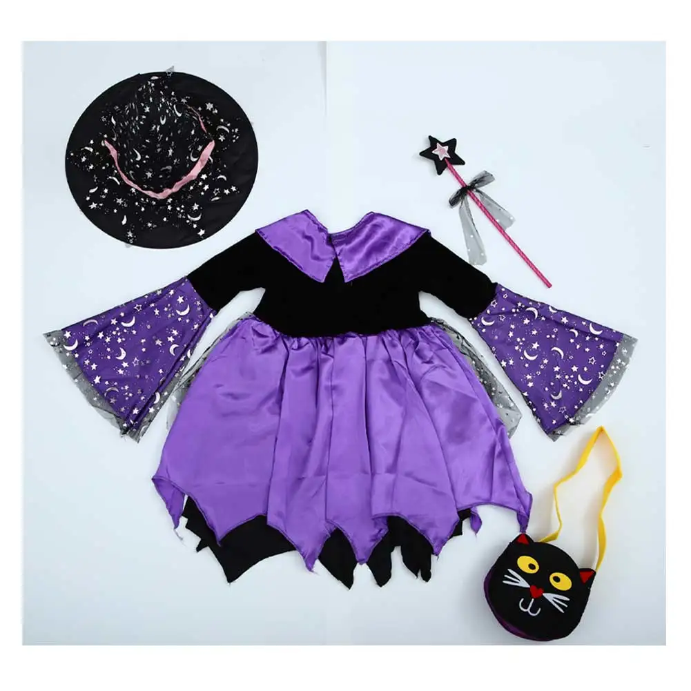 Kinder Mädchen Halloween Kostüm Hexe Cosplay Kleid Hut Tasche für Kinder Fantasia Outfit Halloween Karneval Kostüm für Kinder