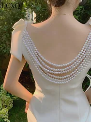 UCXQ Temperament Pearl Backless Beading Bow White Women's Evening Dress Sleeveless Back Split Dresses 2024 Spring Winter 23A6716