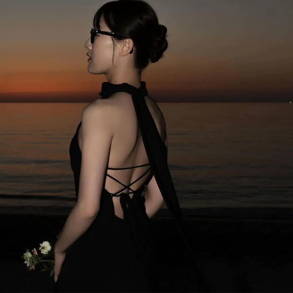 Fancy Sexy Halter Black Wedding Dress Korea Photo Shoot Elastic Satin Bridal Gown Sleeveless Floor Length 웨딩드레스 customized