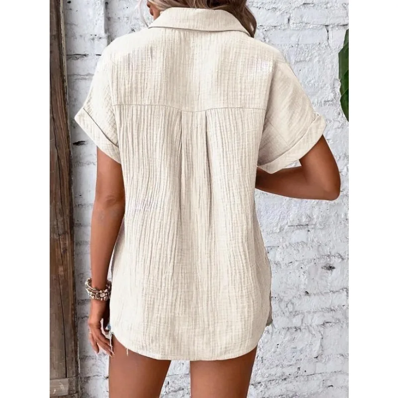 2025 Summer Solid Pleated Slim Casual Cardigan Shirt Women Turn Down Collar Single Breasted Short Sleeve Versatile Street Blouse