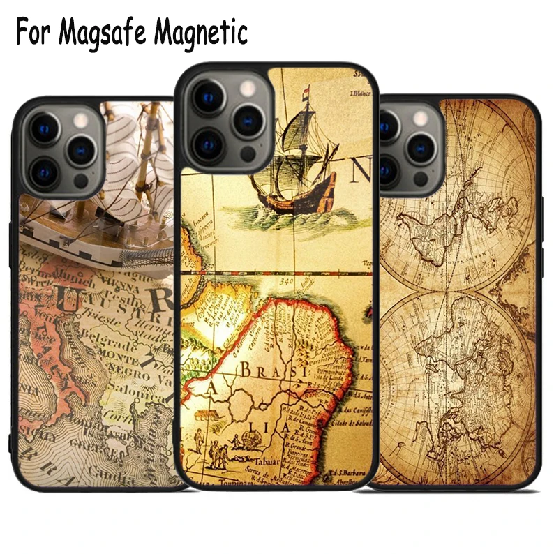 Ancient Sea Ship Map Wireless Charge Magsafe Phone Case For iPhone 15 16 14 13 11 12 Pro Max Plus Magnetic Bumper Cover