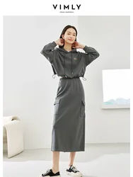 Vimly Gray Womens 2 Piece Outfit Set Cropped Hooded Sweatshirts Elastic Wais Split Skirts 2024 Spring Casual Matching Sets M3971